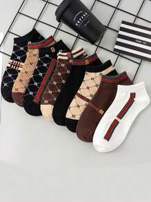 8 Pairs Women's Short Socks, Multicolor Letter & Stripe Pattern, French Luxury Retro Style, Versatile Ladies Socks
