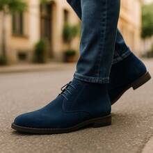 Men's Navy Blue Suede Chukka Boots Lace-Up Ankle Shoes Casual Breathable Smart Formal Dress Sneakers For Work & Wedding - 藏蓝色 - 查看 6