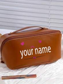 1pc Personalized Name Printed Makeup Bag - Large Capacity Cosmetic Organizer Bag With Zipper Closure And Top Handle - Customizable Travel Toiletry Bag In Black, Brown Or Pink - Perfect Women Birthday Gift, Makeup Bag
