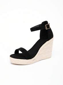 Women's Wedge Platform Waterproof Woven Slide Sandals, Braided Rope Strap Hollow Mid-Heel Open Toe Chunky High Heels, Fashionable Versatile Vacation Style - Black - View 7
