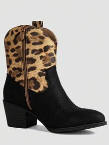 GLOBALWIN Women's The Western Wear Fashion Cowboy Cowgirl Free Birds Country Concert Disco Outfits Low Heel Walking Boots For Ladies Fall Boots Halloween Season - 豹紋黑色 - 查看 6