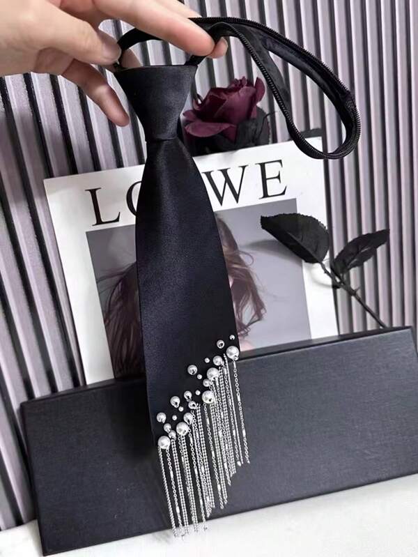 2025 New Design Fringed Tie For Women, Korean Pearl Slouchy No-Tie Necktie To Match Shirt, Black Color