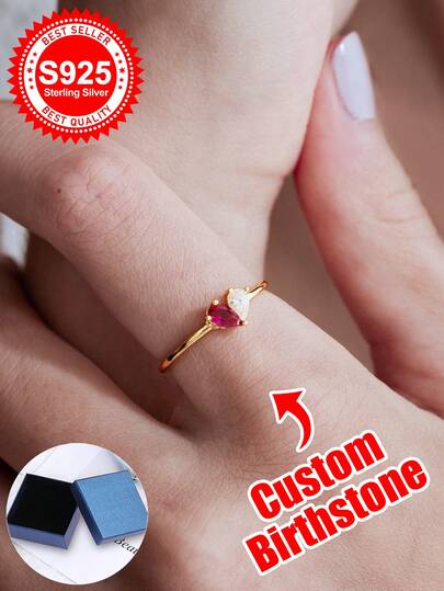 Customized S925 Sterling Silver Heart-Shaped Birthstone Ring (Double Stones) - A Sweet Personalized Gift For Your Loved Ones, Friends Or Family. Perfect For Birthday, Anniversary, Valentine's Day, Christmas Or Any Memorable Occasion.