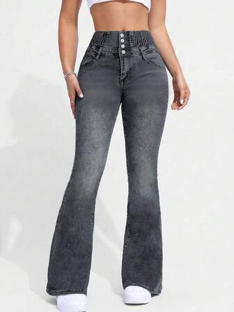 Dames enkelrijs slim-fit stretch denim flared broek