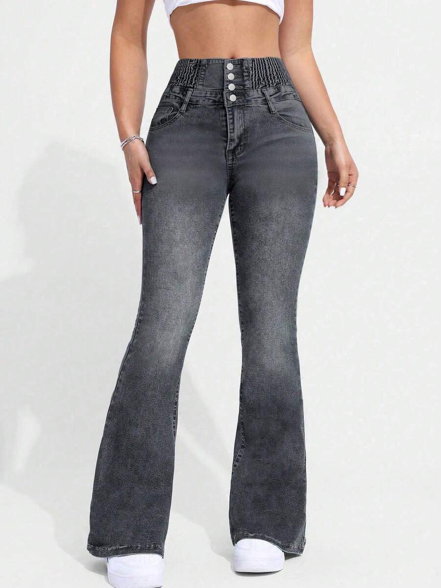 Women's Single-Breasted Slim-Fit Stretch Denim Flared Trousers - Grey - View 1