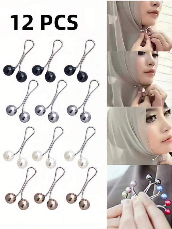 12pcs/Set Drop Pearls Pins Muslim Women Shawl Scarf Clips Lady Scarves Hijab For Women Pearl Brooch Pin Multicolor Hijab Clips Shawl Head Scarf Holder