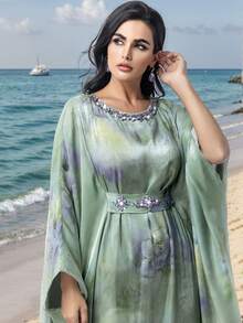 BEAUTY AMINAH 5127 Handmade Rhinestone Embellished Elegant, Sophisticated, Romantic And Charming Long Sleeve Abaya Robe For Vacation - Light Cyan - View 11