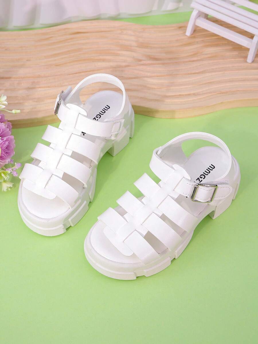 1 Pair Girls White Woven PU Breathable Open Toe Mid-Top Strap Flat Casual Sandals, Suitable For Daily Wear/Summer - White - View 1