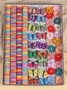 Set di 231 pezzi di accessori per capelli colorati, include fermagli per capelli floreali con strass, fermagli per capelli a forma di farfalla e vari elastici per capelli, adatti per code di cavallo, trecce e chignon, necessità quotidiane - Confezionato in busta di plastica