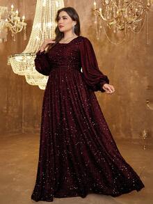 UNITHORSE Oblique Collar Glittering Lantern Sleeve Waist Ruched Flowy Sequins Party Dress, Bride Dress, Birthday Women Outfits, Graduation Dress, Formal Dress, Fall Women Clothes - Burgundy - View 3