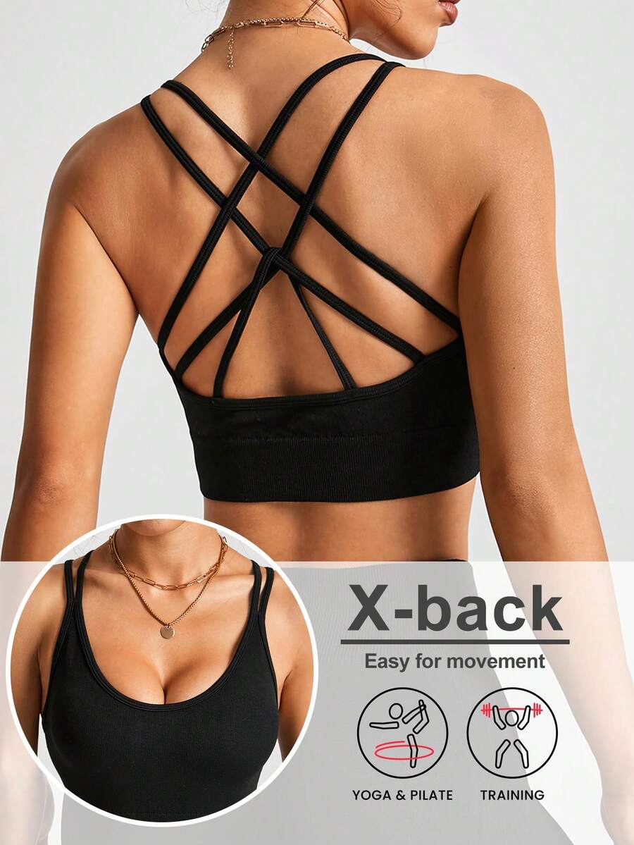 1 szt. Damski top z odkrytymi plecami i krzyżowym dekoltem, sportowy top do biegania na świeżym powietrzu, do jogi i na siłownię, czarny