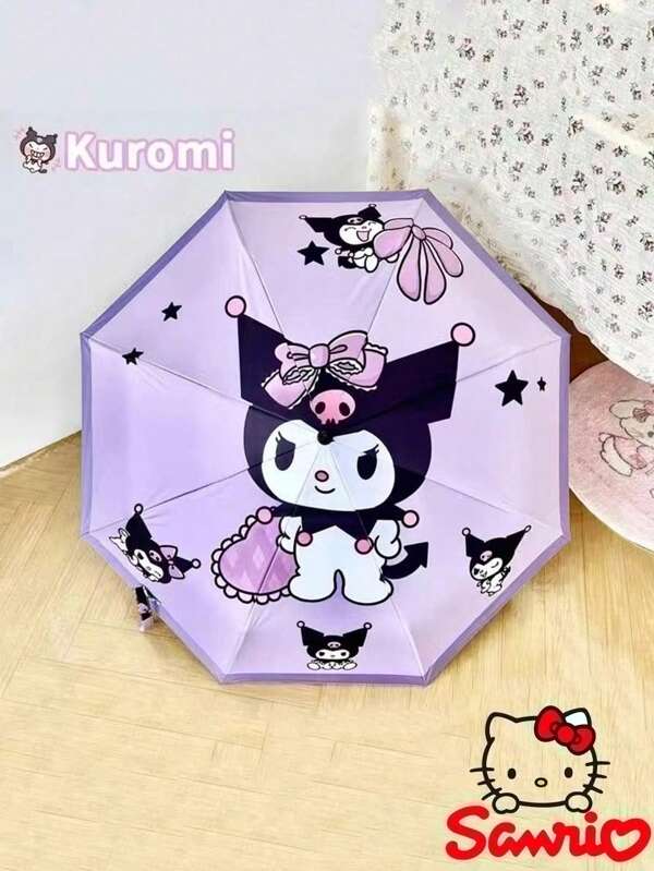 Sanrio 1 Pc Sanrio Kuromi 8-Rib Automatic Folding Umbrella, Lightweight And Windproof, Portable Micro-Fiber Leather, Random Print, Suitable For Men And Women, Great For Rainy Days And Travel