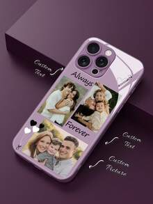 1个定制DIY创意手机壳，可个性化定制3张照片和2个名字，独特的高清玻璃手机壳，兼容三星S24 Ultra/S25 Ultra和17 Pro Max/16 Pro Max/15 Pro/14 Plus/13 Pro/12 Pro Max/11/Xs Max/8/7/6 Plus，时尚、甜美、婚礼、全家福风格，送给朋友、父亲、母亲、男友、女友的最佳礼物，可爱手机壳 - 紫色 - 查看 5