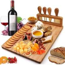 1 Set Large Cheese Board & Knife Set, 4PCS, Bamboo & Wood Cutting Board, Kitchen Cutting Board