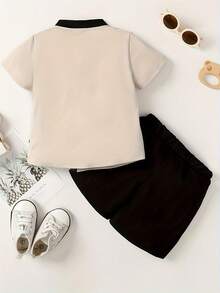 Cute Bear Theme 2-Piece Set For Toddler Boys - Comfortable Polyester Short Sleeve T-Shirt And Shorts Set, Perfect For Summer Play, Outdoor Activities Essential - Apricot - View 2