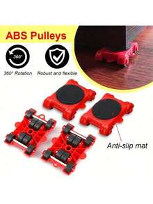 5 件套重型起重搬运手推车套装，带 360° 旋转轮 - 坚固的金属框架和大胆红色的强化塑料结构 - 非电动、多用途工具，可轻松在家庭、办公室、酒店和商业空间搬运家具