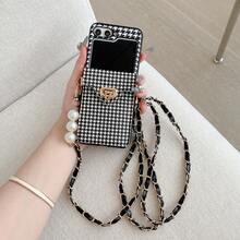 新款千鸟格卡包折叠手机壳，带可拆卸挂绳，可爱硬壳保护套，兼容三星 Galaxy Z Flip3 5G/Galaxy Z Flip 4 5G/Galaxy Z Flip 5 5G/Galaxy Z Flip 6 5G/Galaxy Z Flip 7 5G，适合女性使用 - 彩色 - 查看 1