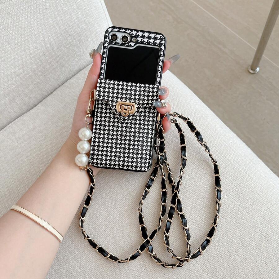 新款千鸟格卡包折叠手机壳，带可拆卸挂绳，可爱硬壳保护套，兼容三星 Galaxy Z Flip3 5G/Galaxy Z Flip 4 5G/Galaxy Z Flip 5 5G/Galaxy Z Flip 6 5G/Galaxy Z Flip 7 5G，适合女性使用 - 彩色 - 查看 1