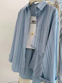女士条纹贴袋纽扣衬衫（春季款） - 藍色 - 查看 2
