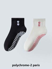 1/2/6 paires de chaussettes de yoga pour femmes avec broderie en forme de cœur, chaussettes adhérentes pour le pilates, chaussettes montantes pour fitness en salle, yoga et entraînements quotidiens - Multicolore - Voir 16