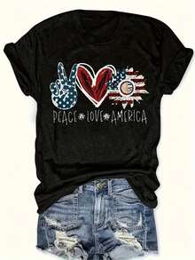 Plus Size Womens Patriotic American Flag Peace Love America Graphic T-Shirt Soft Stretchy Casual Crew Neck Short Sleeve Top With Sunflower Heart Design Summer Independence Day Casual Attire American Flag Clothes Women Size L-3XL 4XL 627XL - màu đen - Xem 1