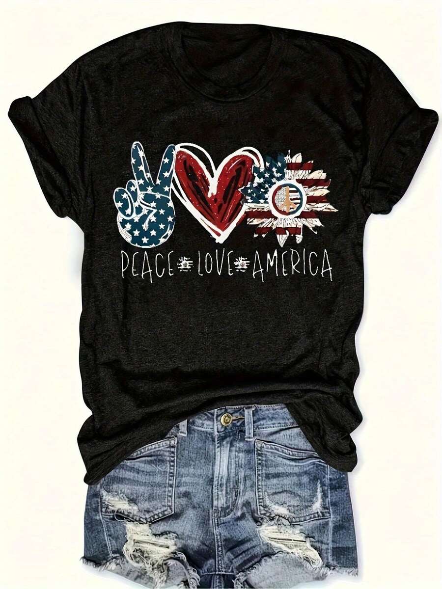 Plus Size Womens Patriotic American Flag Peace Love America Graphic T-Shirt Soft Stretchy Casual Crew Neck Short Sleeve Top With Sunflower Heart Design Summer Independence Day Casual Attire American Flag Clothes Women Size L-3XL 4XL 627XL - màu đen - Xem 1