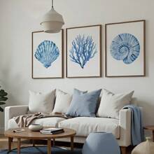 Set di 3 stampe su tela, senza cornice, di arte murale estiva costiera, con motivi minimalisti acquerellati, con coralli e nautili, in stile nautico boho, per dormitori, soggiorno, camera da letto, decorazione moderna per la casa, arredamento per case al mare