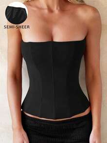 Y2K 优雅半透明网纱修身胸衣上衣，配钢圈，前系带露背塑身衣，女士夏季外套