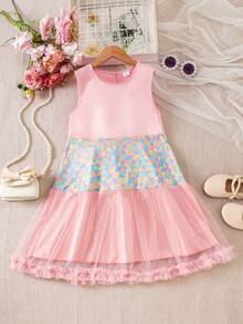 Tween Girls' Sleeveless Sequin Contrast Mesh Dress - Pink - View 1