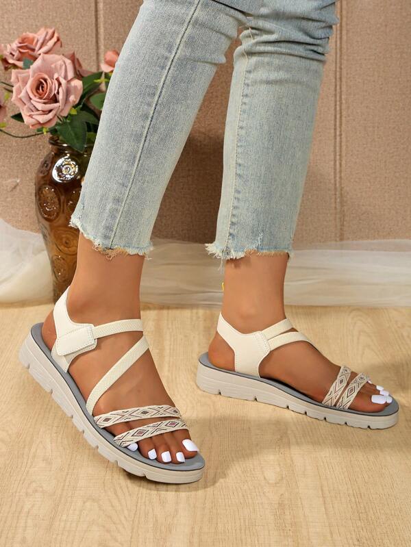 Sandalias deportivas casuales para mujer - Suelas acolchadas gruesas y diseño a rayas, parte superior de tela transpirable, suela exterior de PU cómoda de tacón bajo, diseño de punta abierta, sandalias deportivas de verano multiusos con estilo a rayas en forma de diamante, adecuadas para playa, boda, fiesta, universidad, resort, oficina, hogar, gimnasio, exterior en verano
