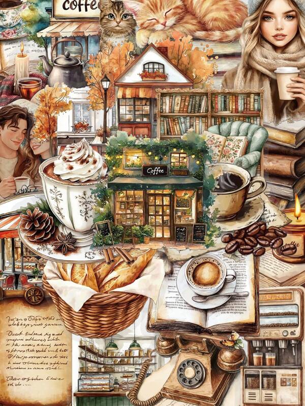 50Pcs Vintage Coffee PET Stickers Gift Cartoon Decoration Handbooks Scrapbook Laptop Luggage Guitar Water Cup Phone Case DIY Decal, School Supplies,Back To School