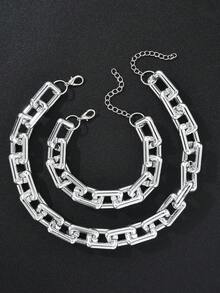 2pcs Punk Exaggerated CCB Chunky Chain Bracelet And Necklace Set, Suitable For Dating, Holiday, Daily Outfit, Party Gift - Silver - View 11