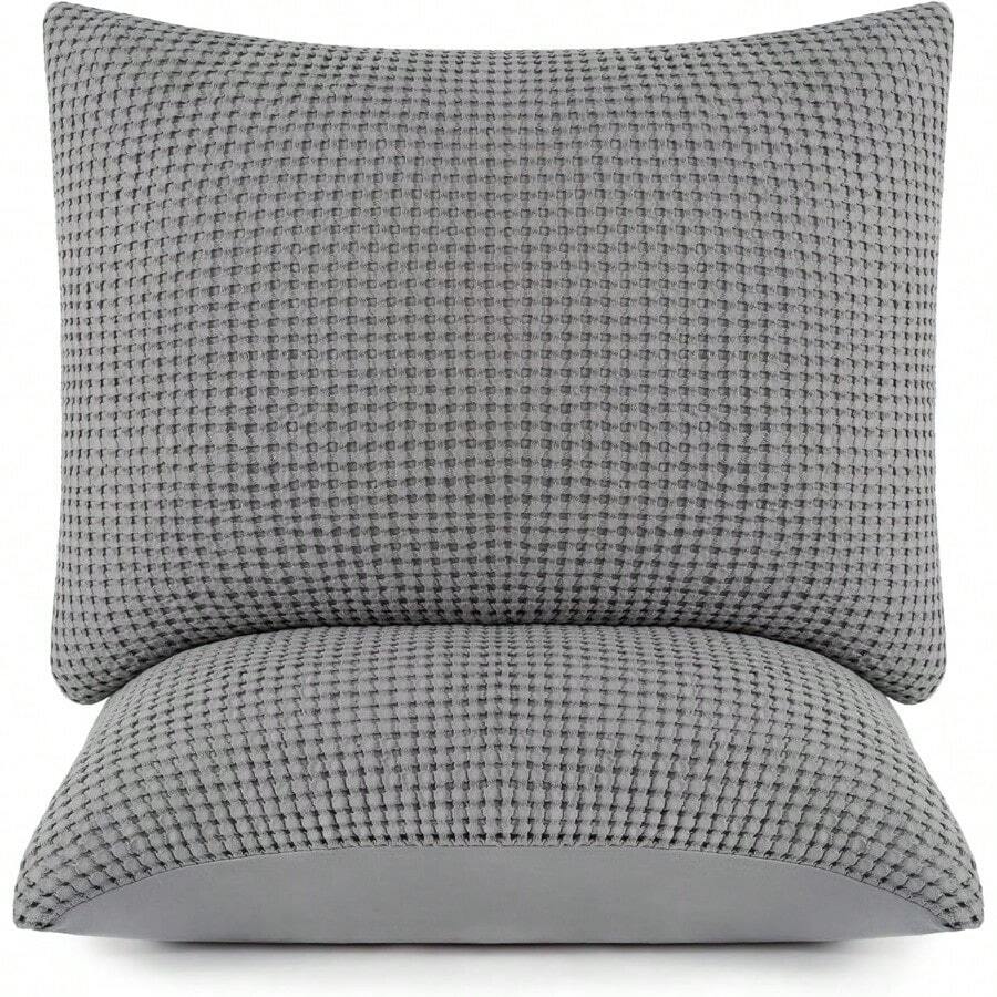 Juego de 2 fundas de almohada de 100% algodón con tejido de gofre, ultra suaves, acogedoras y transpirables, para almohadas de tamaño estándar y king, fundas de almohada de lujo, duraderas y elegantes, hechas en Turquía - Shams - Ver 1