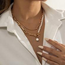 BJNCDIO 1pc Elegant & Fashionable Multilayer Necklace, Boho Style With Faux Pearl, Stainless Steel Charm Pendants, Versatile Wear For Daily, Music Festival, Great Gift, Non-Fading, Hypoallergenic