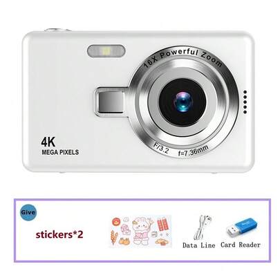 كاميرا فلوج 4K 50 ميجابكسل مع تكبير بصري 16X، تثبيت الصورة، كاميرا رقمية صغيرة للتصوير والتقاط اللقطات، مناسبة للمراهقين والبالغين والمبتدئين، للتصوير المنزلي، تشمل قارئ بطاقة هدايا (أبيض)