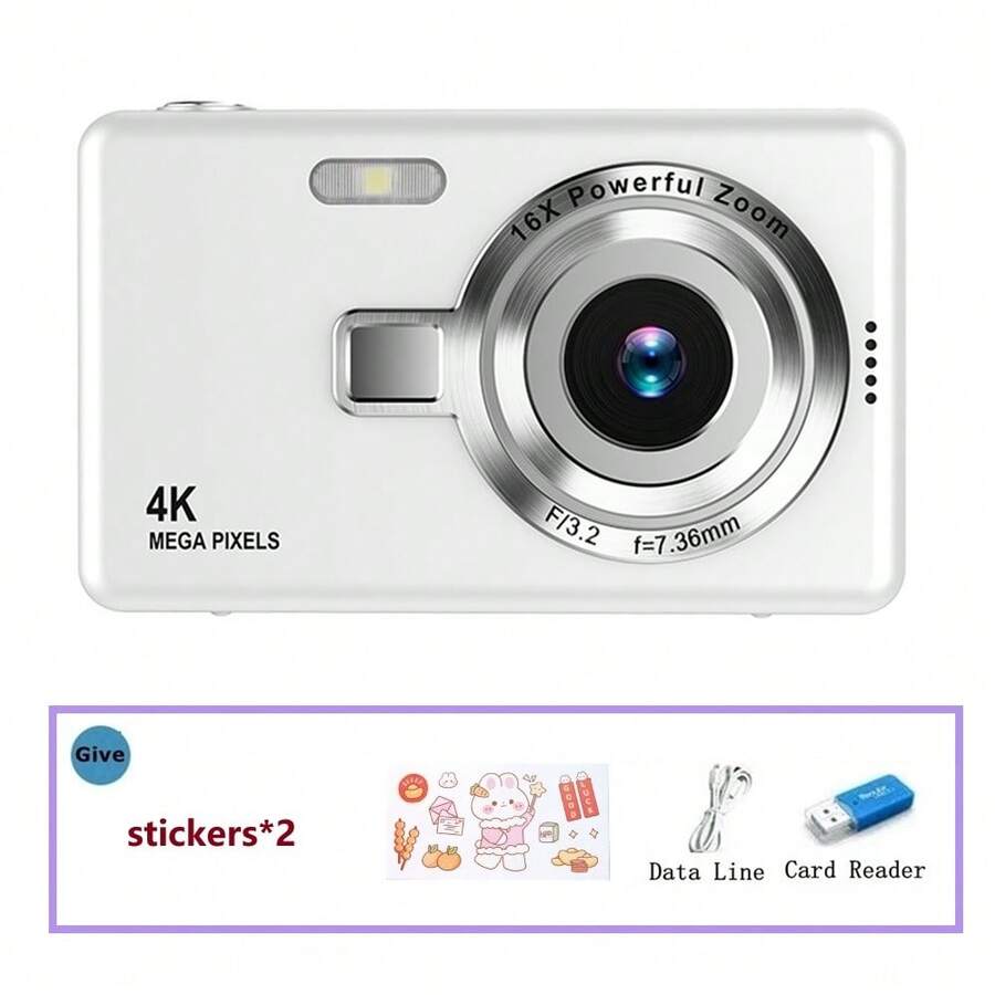 4K 50MP Vlog 相机，配备 16 倍光学变焦、图像稳定功能，是一款适合青少年、成人和初学者使用的紧凑型傻瓜数码相机，适用于家庭摄影，包含礼品卡读卡器（白色）