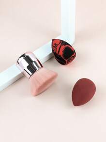 Juego de 3 piezas de herramientas de maquillaje, que incluye esponjas y pinceles de maquillaje con mango corto multifuncional para la cara, pincel para polvo, pincel para rubor, borla de maquillaje, pincel de maquillaje con mango revestido, adecuado para maquillaje facial, uso en seco y húmedo de la esponja de maquillaje, esponja de maquillaje libre de látex, para tocador, herramientas de belleza.