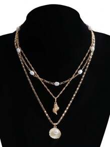 1 pièce Collier pendentif multicouche en coquillage de perles synthétiques, collier chaîne plate en métal de style bohème pour femmes, accessoire polyvalent pour les vacances à la plage