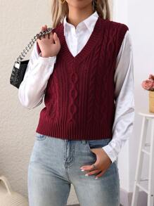 Women's Casual Daily Solid Color Twist Rope Sweater Vest, V-Neck Sleeveless Knitted Pullover Waistcoat