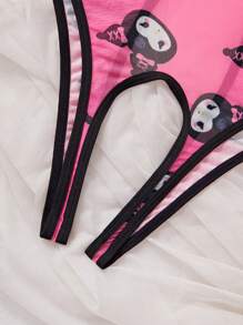 Sanrio Sanrio Damen Kuromi Süßer Digitaldruck, V-Ausschnitt, transparent, Schleifendekor, Teddy Bodysuit, sexy Dessous Bodysuit für Ausgehen