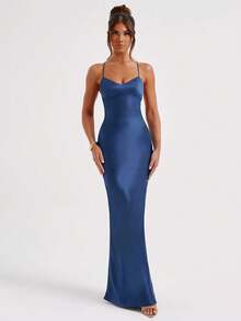 Women's Sexy Satin Cross-Back Lace-Up Bodycon Cocktail Dress, Valentine's Day - Navy Blue - View 3