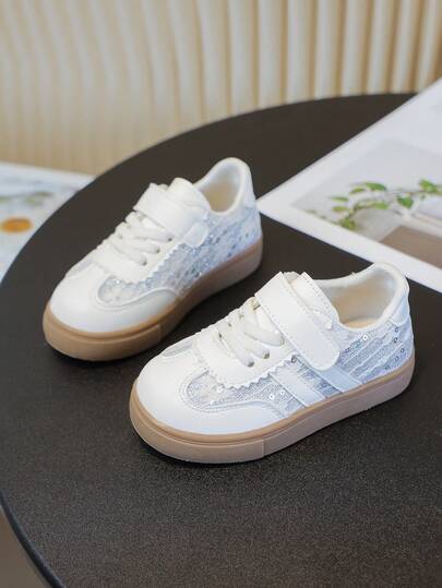 1 Pair Girls Fashion Popular Hook And Loop White Sneakers, Back To School Student Children Athletic Shoes