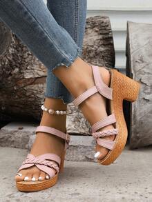 女士时尚百搭休闲舒适带扣厚底性感粗跟凉鞋，适合沙滩穿着 - 粉色 - 查看 1