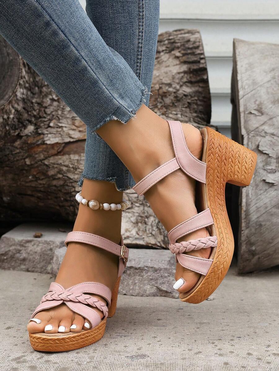 女士时尚百搭休闲舒适带扣厚底性感粗跟凉鞋，适合沙滩穿着 - 粉色 - 查看 1