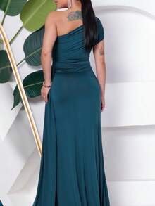 Long Women's Party And Event Dress Elegant Bridesmaids And Guests Fluity Knit With Lined Cup One Shoulder Unilateral Zero Sleeve Detail At The Waist Fluid Draped Shoulder One Size Fits 36 To 42 - 翠綠色 - 查看 3