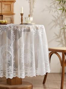 1 peça Toalha de Mesa Redonda de Renda Francesa Branca, Toalha de Mesa Redonda Estilo Francês Minimalista com Floral, Adequada para Decoração da Sala de Estar, Quarto, Cozinha, Mesa de Centro, Móvel de TV - Branco - Visão 5