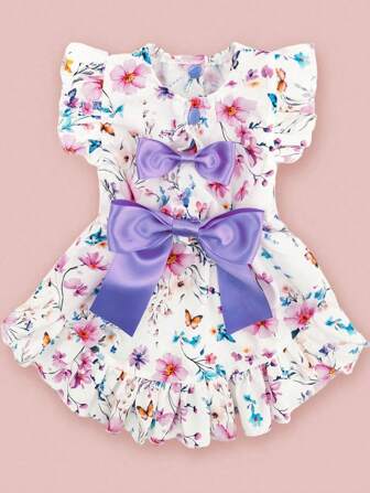 1 Stück Blumen-Rüschen-Hundekleid mit lila Schleife - Süßes Prinzessinnen-Outfit für kleine Hunde (Zwergspitz/Teddybär)