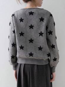 Cárdigan de punto con cuello en V, botones delanteros y manga larga con estampado de estrella de moda  Estrella  Color combinado    Casual    Botón delantero  Lazo - Gris - Ver 5