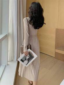 Women Sweater Dresses - 卡其色 - 查看 6