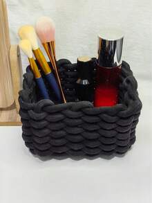 1 Buah Kotak Organizer Kosmetik Putih Anyaman Tangan dengan Tali Tebal untuk Kuas Makeup & Produk Perawatan Kulit, Tas Makeup, Perlengkapan Perjalanan - Hitam - View 4